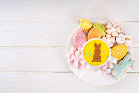 Hot sweet drinks for Easter party, breakfast, lunch. Easter menu. Pink, yellow, blue, brown...