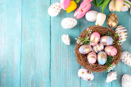 Easter nests and eggs background with spring flowers, Happy Easter holiday greeting card flat lay on...