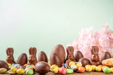Easter background greeting card with holiday traditional confectionery, Easter egg hunt fun concept....