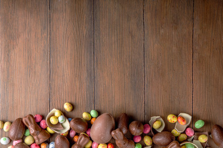 Easter background greeting card with holiday traditional confectionery, Easter egg hunt fun concept....