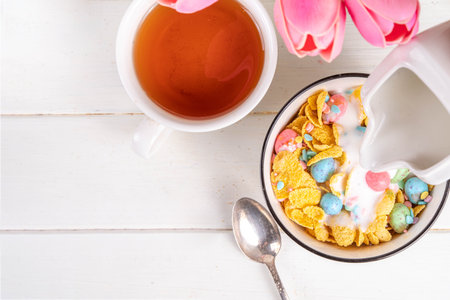 Easter breakfast cereals, corn flakes with Easter chocolate eggs and sugar sprinkles, pouring milk...