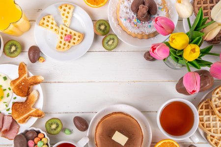Easter holiday sweet breakfast, brunch. Easter decorated belgian waffles, pancakes, breakfast...
