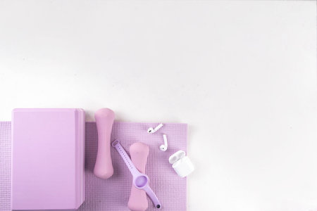 Sport and fitness, home workout plan background. Spring weight loss, slimming concept. Yoga mat and...