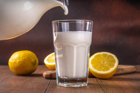 Homemade kefir, buttermilk or yogurt. Healthy probiotics prebiotic fermented dairy drinkの写真素材