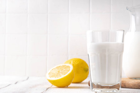 Homemade kefir, buttermilk or yogurt. Healthy probiotics prebiotic fermented dairy drinkの写真素材