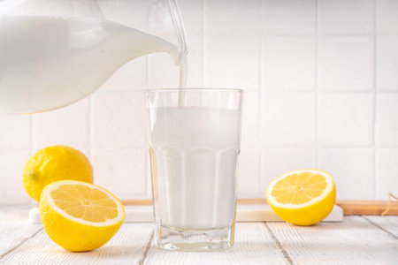 Homemade kefir, buttermilk or yogurt. Healthy probiotics prebiotic fermented dairy drinkの写真素材