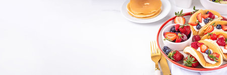 Pancake tacos. Portion of sweet dessert taco made with pancake, whipped cream, cottage cheese or ice cream, fruit and berries. Summer breakfast or brunch recipe, copy spaceの写真素材