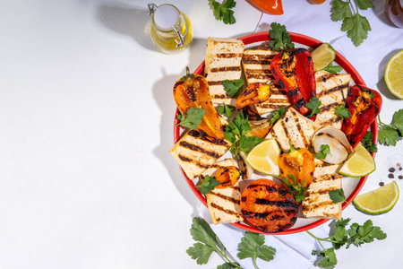 Summer vegan barbeque recipe. BBQ healthy balanced vegetarian food, grilled roasted tofu cheese steaks with vegetables,の写真素材