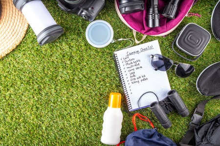 Camping checklist with various camp equipment. List of things for outdoors recreation and travel in nature - tent, first aid kit, cosmetics, accessories, equipment, clothes, trekking shoesの写真素材