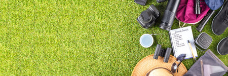 Camping checklist with various camp equipment. List of things for outdoors recreation and travel in nature - tent, first aid kit, cosmetics, accessories, equipment, clothes, trekking shoesの写真素材