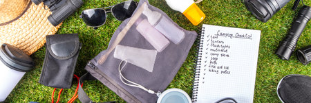 Camping checklist with various camp equipment. List of things for outdoors recreation and travel in nature - tent, first aid kit, cosmetics, accessories, equipment, clothes, trekking shoesの写真素材