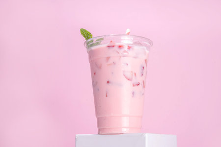 Strawberry coconut milkshake, frozen creamy cocktail drink with coconut milk and whipped sliced strawberries copy spaceの写真素材