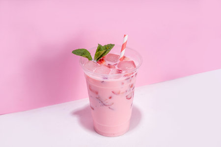 Strawberry coconut milkshake, frozen creamy cocktail drink with coconut milk and whipped sliced strawberries copy spaceの写真素材