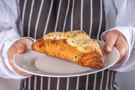 Trendy French sweet dessert pastry crookie, a hybrid of croissant with sweet butter cookies with...