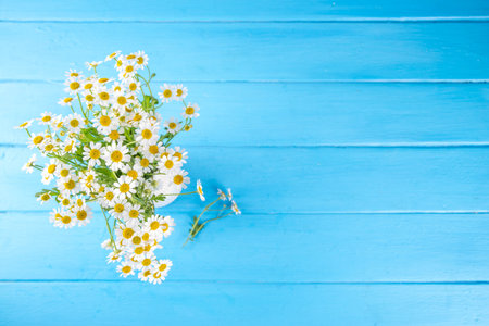 Chamomile daisy flowers bouquet, book, tea or coffee cup, relaxation holiday simple life enjoy summer background, on light blue wood background, top view copy space. Good day, good morning wishingの写真素材