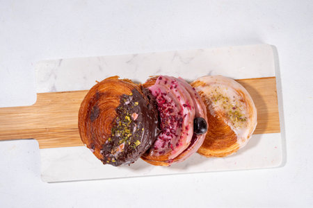 Set of various Round Croissants, puff pastry New York Roll, Supreme Croissants, glazed Trendy baked...