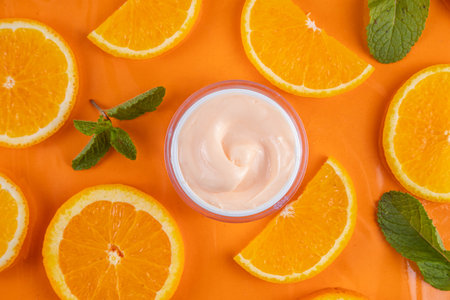Orange citrus Vitamin C face care - cream, serum. mask, face cleaner, antioxidant moisturizer skin face care and make up concept, with fresh orange fruit slicesの写真素材