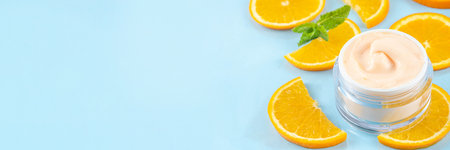 Orange citrus Vitamin C face care - cream, serum. mask, face cleaner, antioxidant moisturizer skin face care and make up concept, with fresh orange fruit slicesの写真素材
