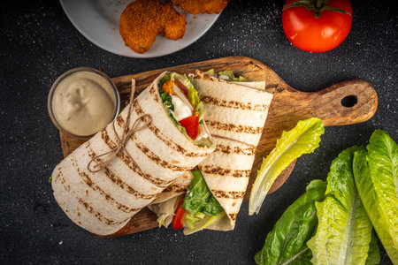 Fried chicken wraps with nuggets, fresh vegetables and buttermilk ranch sauce, healthy balanced...