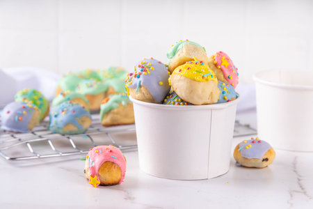 Sweet colorful glazed donuts holes dessert, mini small doughnuts with colorful glaze and sugar...