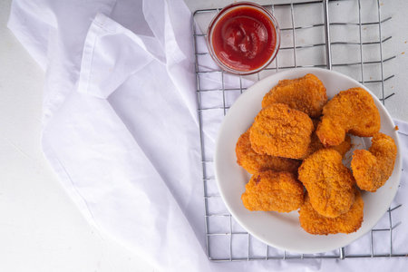 Traditional golden fresh fried chicken nuggets on a plate, with ketchup sauce.の写真素材