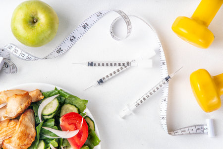 Weight loss injection. Insulin resistance, diabetes, slimming healthy eating. Injections with hormones doses syringes, with measuring tape, dumbbells, balanced plate salad and meat and appleの写真素材