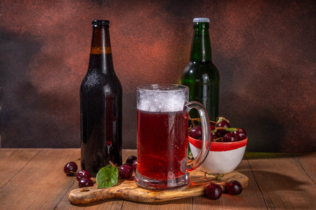 Craft cherry beer or cider alcohol drink mug and bottle on wooden table with fresh ripe cherries, copy spaceの写真素材