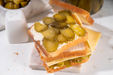 Pickle and Cream dill Cheese Sandwich, toast bread tasty sandwich pickled sandwich with pickles cucumbers, dill, cheese and mayo, ready for eat or grillの写真素材