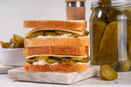 Pickle and Cream dill Cheese Sandwich, toast bread tasty sandwich pickled sandwich with pickles cucumbers, dill, cheese and mayo, ready for eat or grillの写真素材