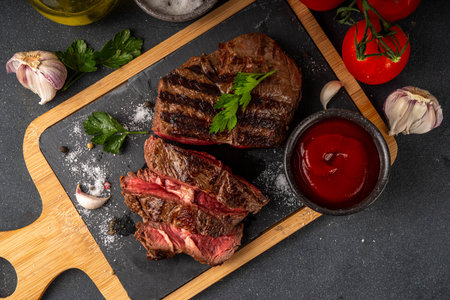 Grilled beef steak on wooden cutting board with ketchup sauce and condiments, top view copy spaceの写真素材