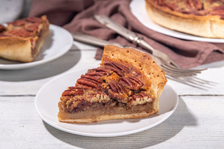 Traditional autumn pecan pie, American Thanksgiving holiday cake with pecans, maple syrup,  on wooden cosy backgroundの写真素材