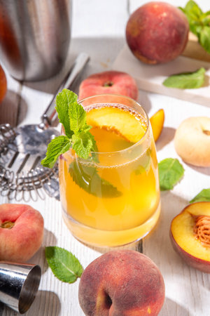 Peach mojito or lemonade cold fruit drink, summer iced fruit juice non-alcohol mocktail with mint and lemon, on white wooden tableの写真素材