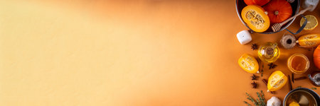 Pumpkins cooking background with sliced and whole pumpkin or butternut squash, raw herbs. spices on orange brown background with cutting board, herbs, honey. Thanksgiving dinner seasonal cookingの写真素材