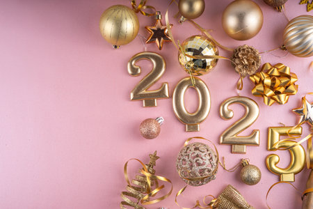 Merry Christmas and Happy New Year 2025 background with golden bauble, Christmas tree balls and...