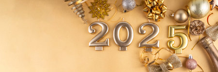 Merry Christmas and Happy New Year 2025 background with golden bauble, Christmas tree balls and...
