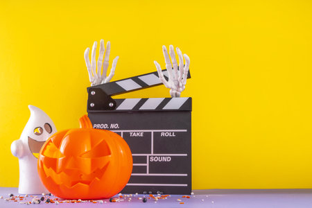 Horror movie, series night, Halloween cinema party with trick-or-treating sweets bucket, popcorn, movie clapperboard and Halloween decorations on high-colored background copy spaceの写真素材