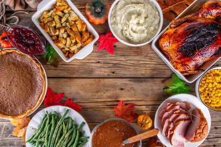 Thanksgiving dinner or lunch foods table. Assortment set of various traditional Thanksgiving holiday dishes - turkey, sides, gravy, pumpkin pie, top view copy spaceの写真素材