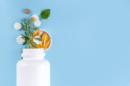 Homeopathic medicine pills, various colorful medicine pills and capsules, dietary supplements with herbs and plants.. Natural and alternative medicine, Eco organic medicine conceptの写真素材