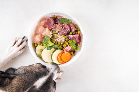 BARF (Biologically Appropriate Raw Food) food concept, Healthy bowl for domestic pets background with dog paws in pic. Portion of raw meat, chicken, fish, vegetables, oatsの写真素材