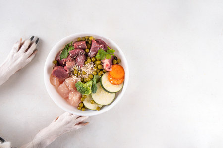 BARF (Biologically Appropriate Raw Food) food concept, Healthy bowl for domestic pets background with dog paws in pic. Portion of raw meat, chicken, fish, vegetables, oatsの写真素材