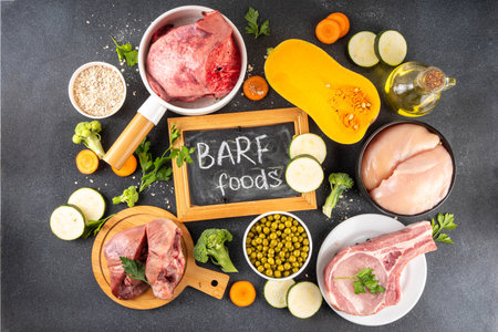 BARF food ingredients, healthy balanced diet for animal background. Biologically Appropriate Raw Food assortment for making barf trendy pet bowlの写真素材