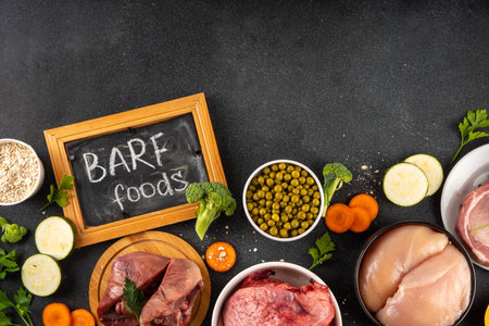 BARF food ingredients, healthy balanced diet for animal background. Biologically Appropriate Raw Food assortment for making barf trendy pet bowlの写真素材