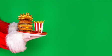 Christmas burger and french fries delivery menu. Santa hands with big tasty cheeseburger with french fries and ketchup sauce on festive Christmas and New Year decorated background