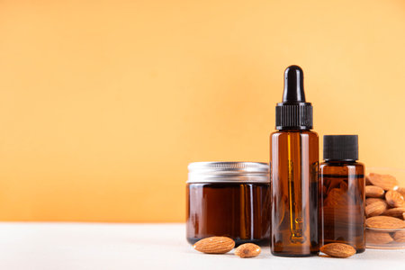 Mandelic acid skincare, cream, serum, cosmetics with AHA acids and bitter almond extract, trendy exfoliation, acne, pigmentation, anti aging, sensitive skin beauty careの写真素材