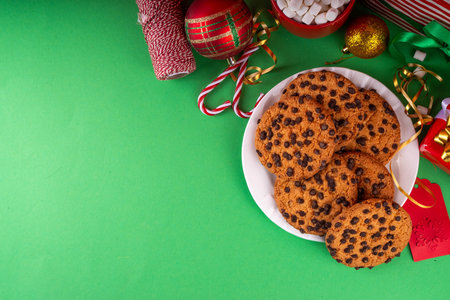 Traditional Christmas chocolate chips cookies, crispy american sweets for winter holiday and Santa treatsの写真素材
