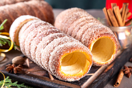 Traditional East Europe Christmas sugar glazed dessert chimney cake, trdlo or trdelnik, sweet...