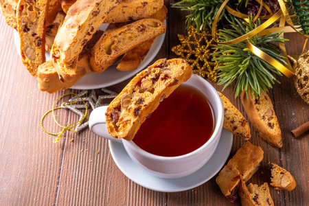 Homemade almond and dried fruit Cantuccini. Italian almond cantuccini biscuits, traditional Christmas and New Year, advent dessert pastryの写真素材