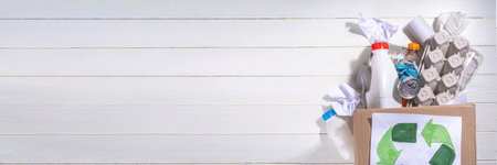 Garbage sorting, waste recycling concept. Box with recycling materials - plastic, glass, paper, cardboard, on white wooden background copy space. Woman hands sorting various rubbish and trashの写真素材