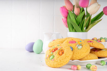 Colorful Funfetti chocolate chips mix Cookies. Homemade sweet Easter vanilla biscuits with sugar...