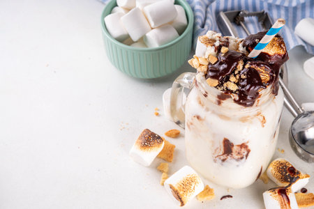 Tasty overloaded S`mores winter milkshake, crazy shake with ice cream, smores  roasted marshmallow, chocolate and graham cracker crumbsの写真素材